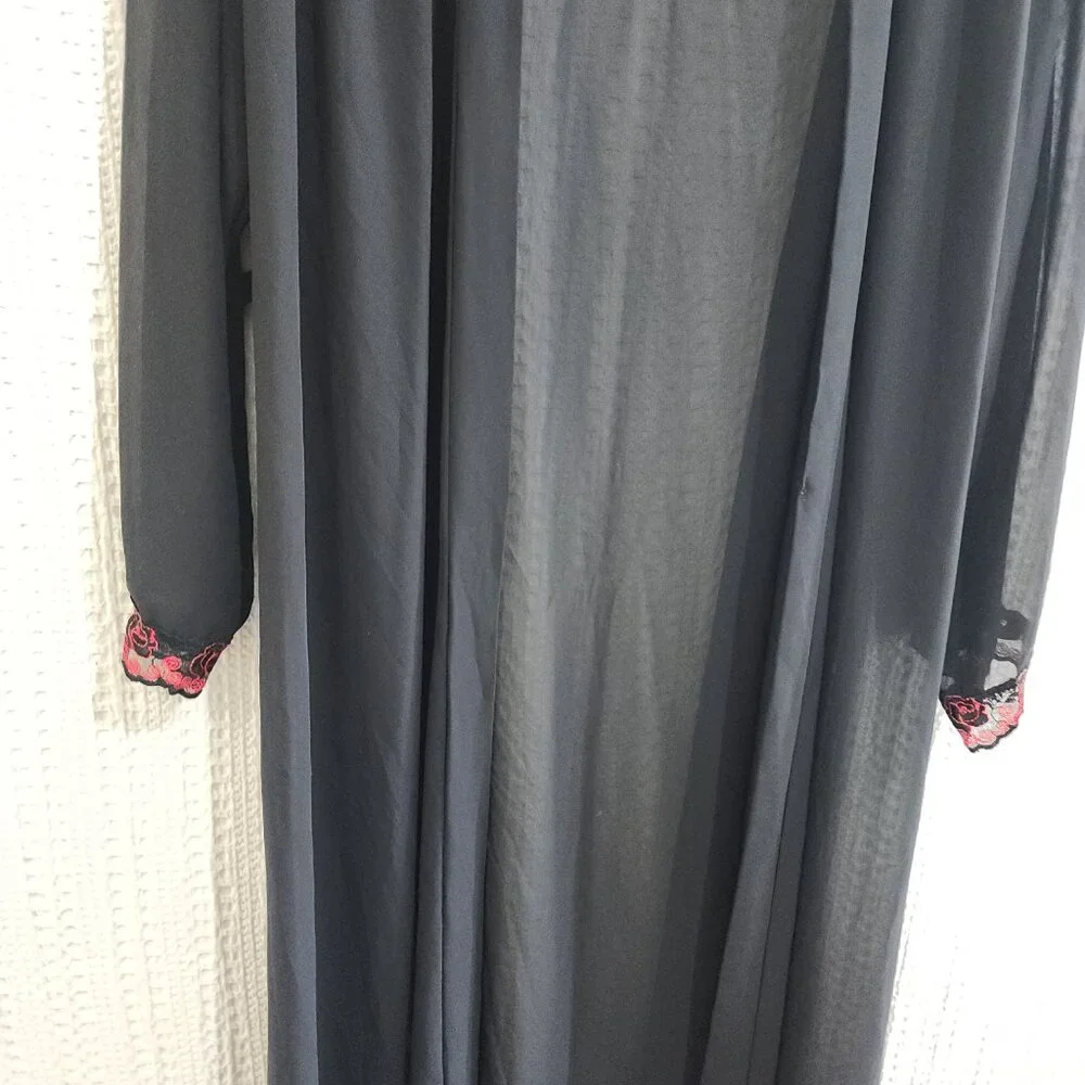 Vintage Private Luxuries Sheer Black Kimono Red Floral Embroidery Lace Robe M